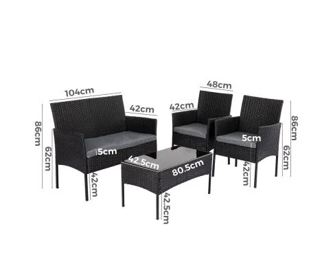 4 Seater Wicker Outdoor Lounge Set - Black