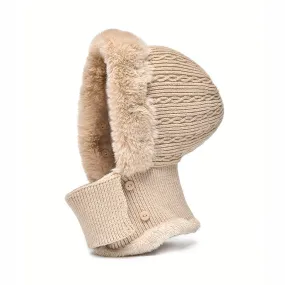 BeauToday Women's 3 in 1 Rabbit Fur Kniteed Winter Hats with Adjustable Earflap  and Neck Warmer