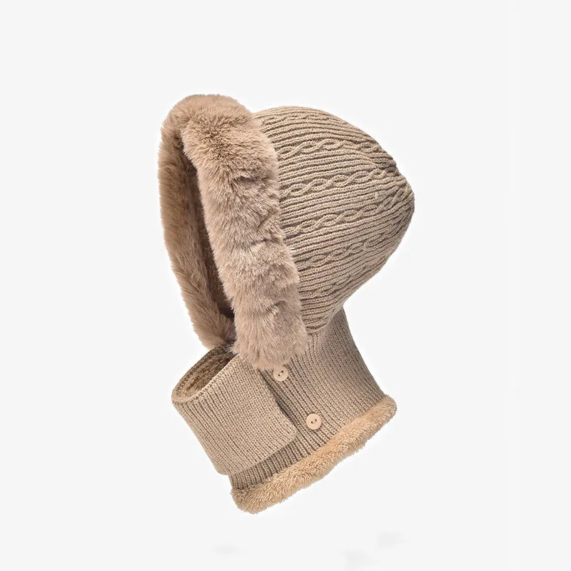 BeauToday Women's 3 in 1 Rabbit Fur Kniteed Winter Hats with Adjustable Earflap  and Neck Warmer