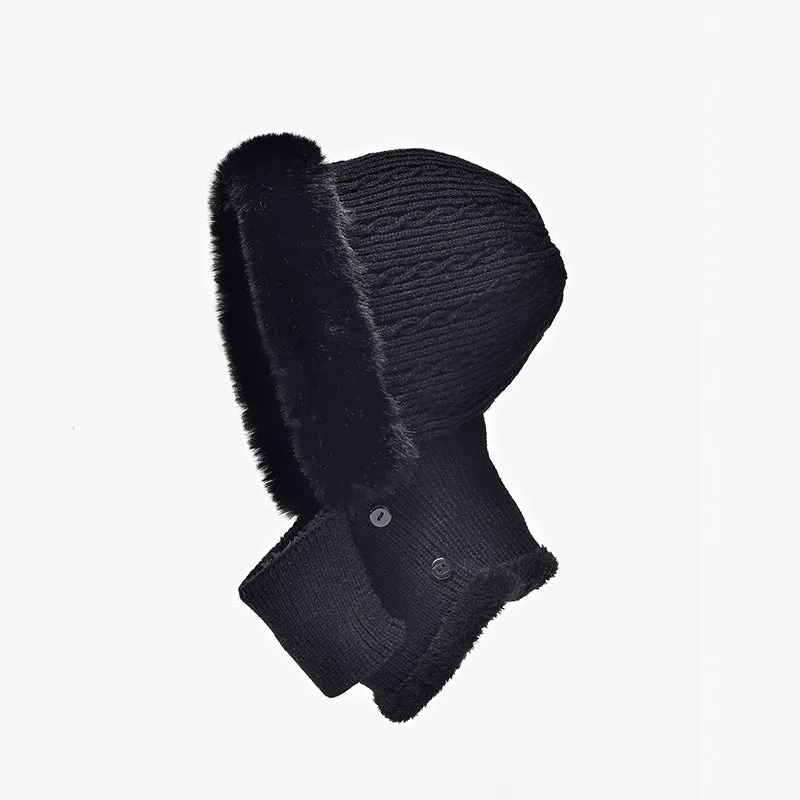 BeauToday Women's 3 in 1 Rabbit Fur Kniteed Winter Hats with Adjustable Earflap  and Neck Warmer