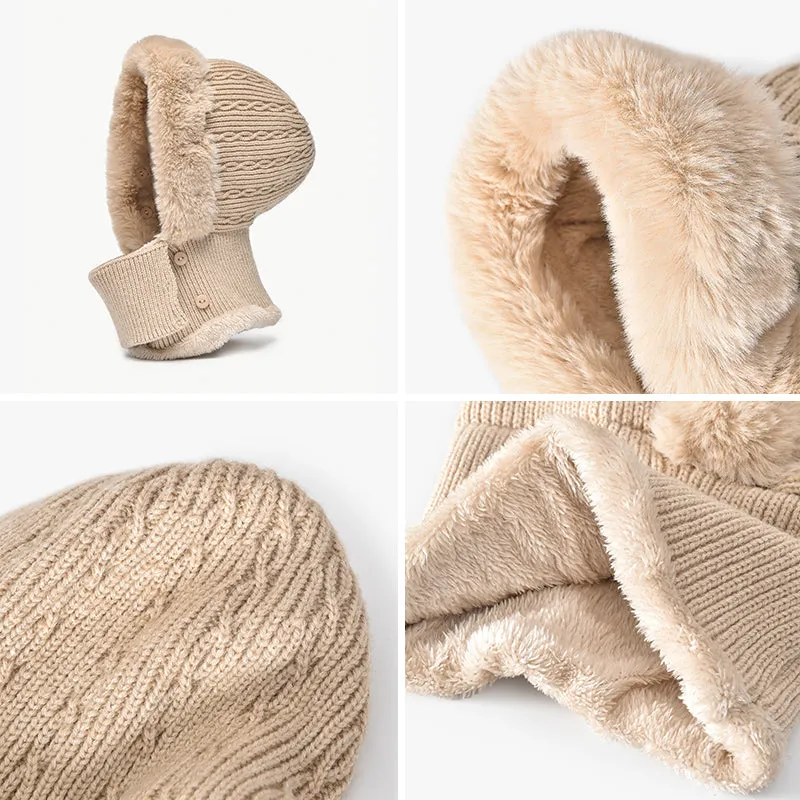 BeauToday Women's 3 in 1 Rabbit Fur Kniteed Winter Hats with Adjustable Earflap  and Neck Warmer