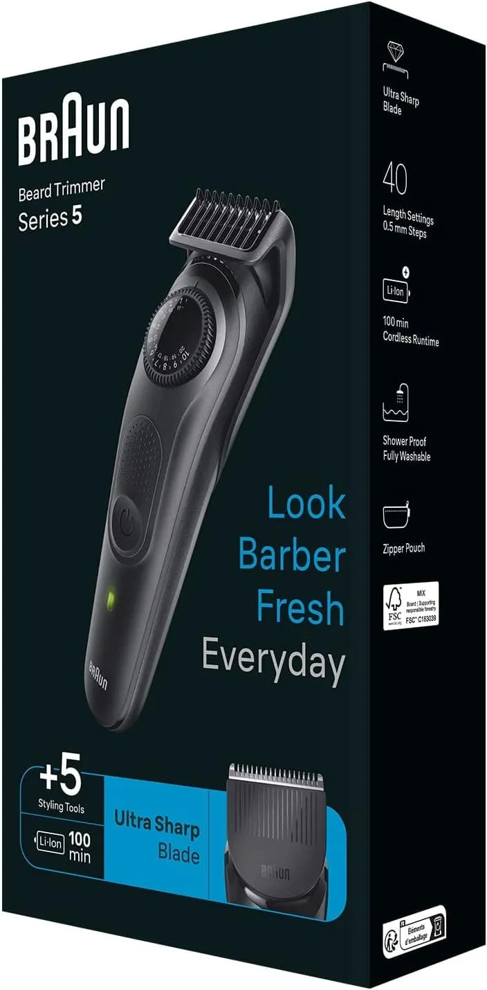 Braun Beard trimmer Series 5 BT5420, trimmer for men with styling tools and 100 minutes running time