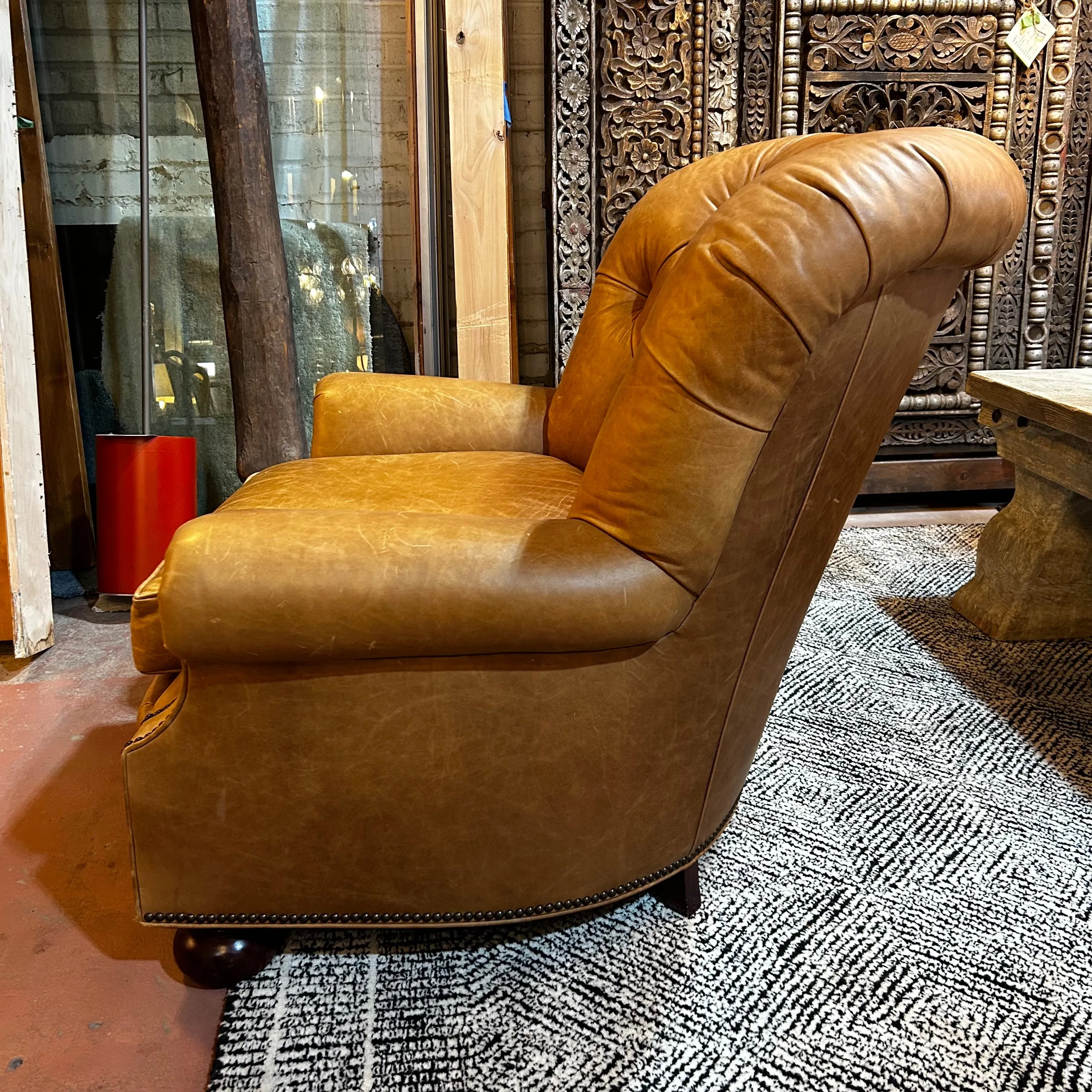 Hickory Chair, Tufted Leather Arm Chair, Lounge Chair, Honey Brown