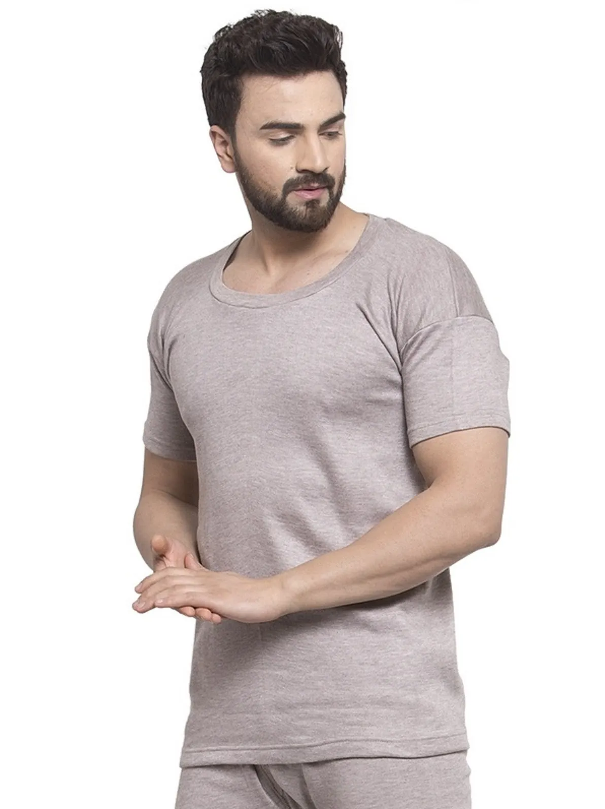 MEN'S HALF SLEEVES SOLID ROUND NECK THERMAL TOP