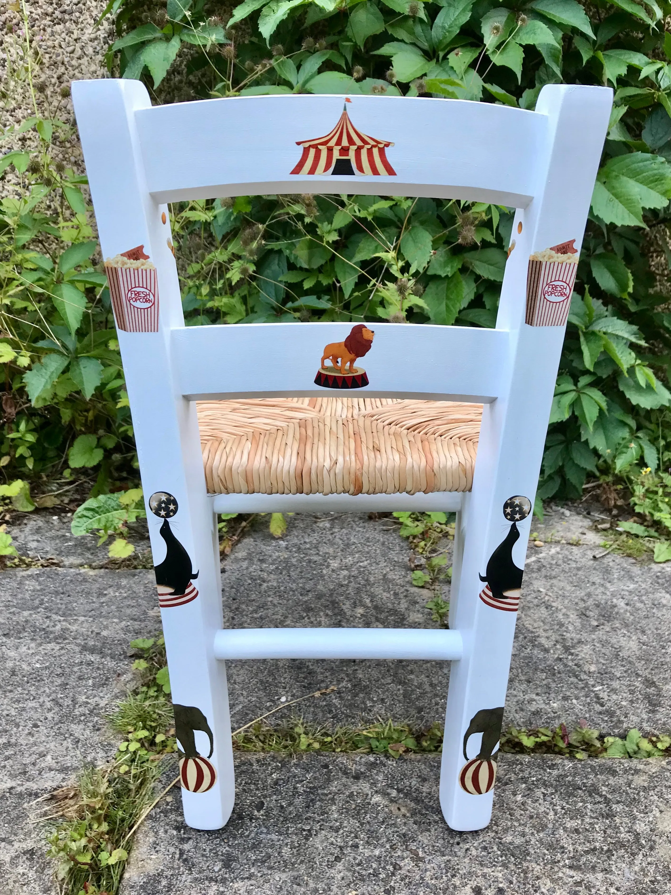 Rush seat personalised children's chair - Circus theme - made to order