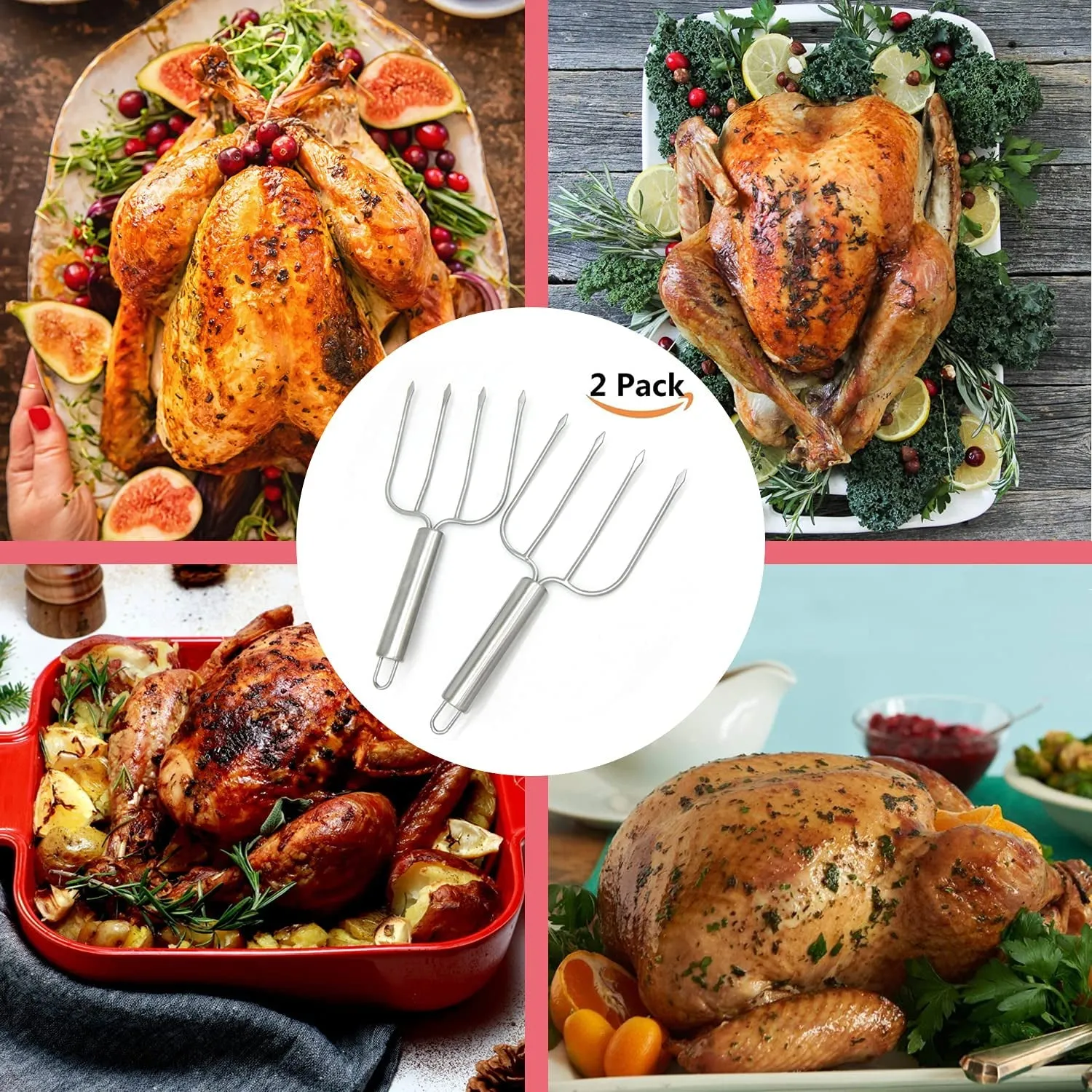 Set Of 2 Stainless Steel Turkey, Roast Or Ham Lifters